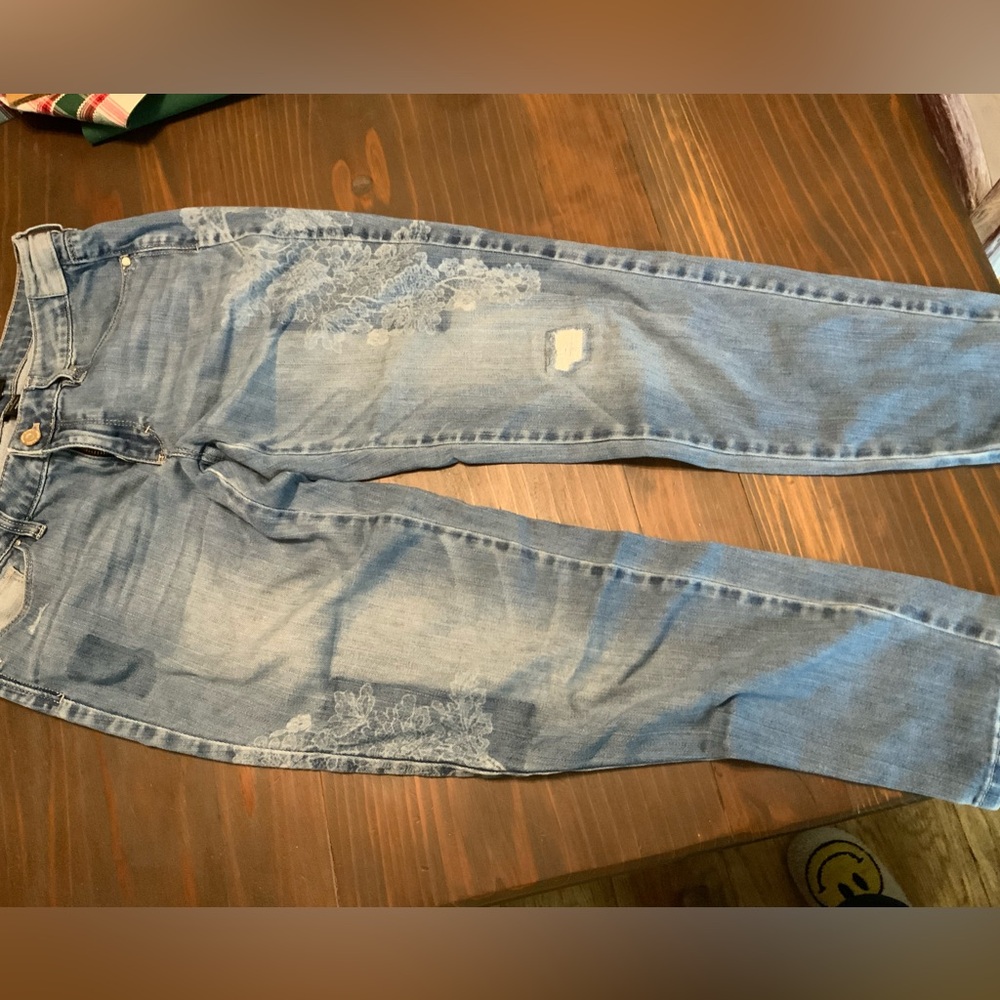 White House Black Market Light Blue Jeans with Lace image and bejeweled Accents